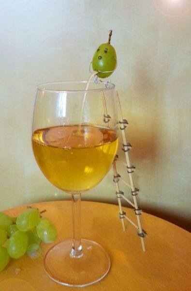 Grape crawls up on a little ladder and pees in the wine glass