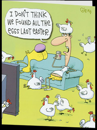 Lots of chickens running around in the room because all the eggs weren't found the previous Easter.