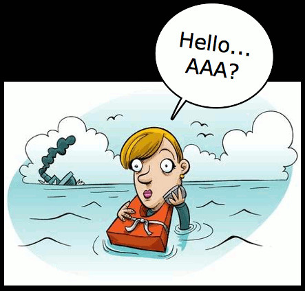Fruny cartoon of a woman stranded in the water. She calls AAA on her cell phone.
