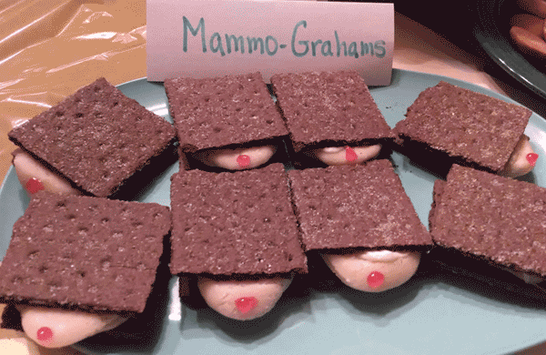 Graham crackers squishing pink marshmellow boobies