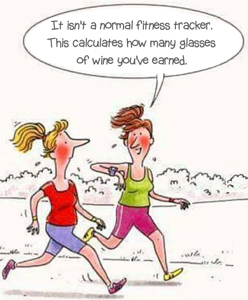 Two women running. Their wristband calculates how many glasses of wine they've earned.