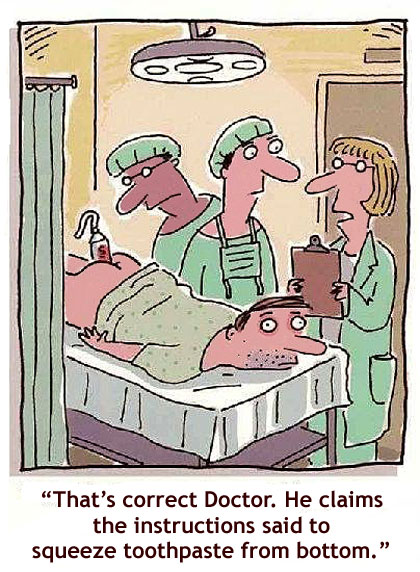 A funny cartoon of a medical team solving a problem.