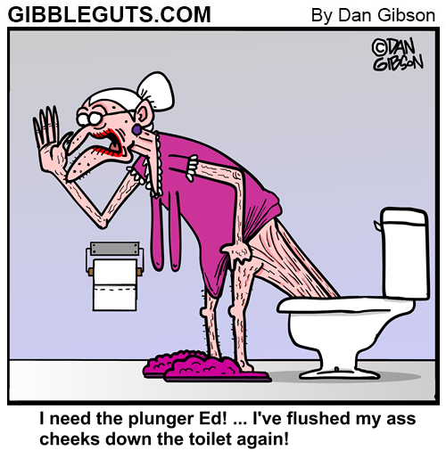 cute cartoon of an old woman whos rear fell into th toilet