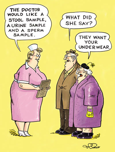 Nurse asks for all kinds of tests - old woman tells her deaf husband that the nurse wants his underwear, a funny cartoon