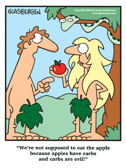 Adam discusses the apple with Eve, a funny cartoon.