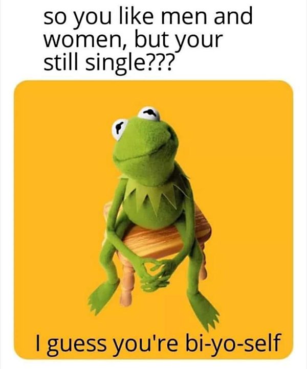 A frog says "so you like men and women, but your still single? I guess you are bi-yo-self".