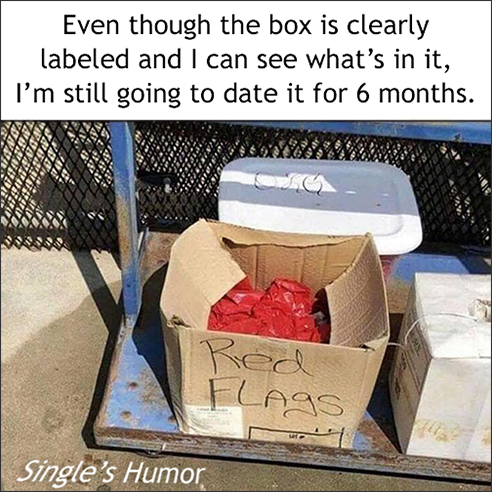 A box of red flags making a joke about going ahead and dating someone although we can see all the warnings.