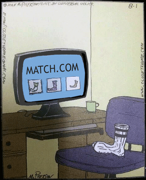 a sock sitting on a chair looking at match.com. There are 3 other socks trying to find a match. A funny single's cartoon