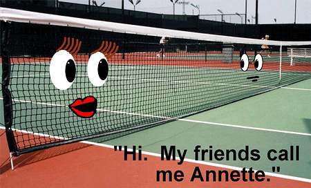 Girl tennis net named Annette, meets another net.