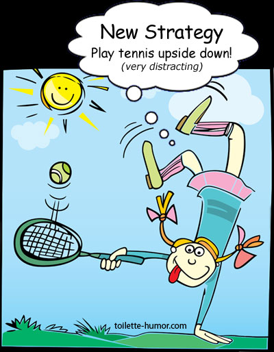 Young girl playing tennis upside down to distract tennis partner.