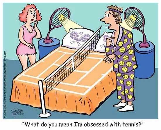 husband wearing tennis pj's, has tennis night lights, bed cover cut in squares with a net going down the middle.