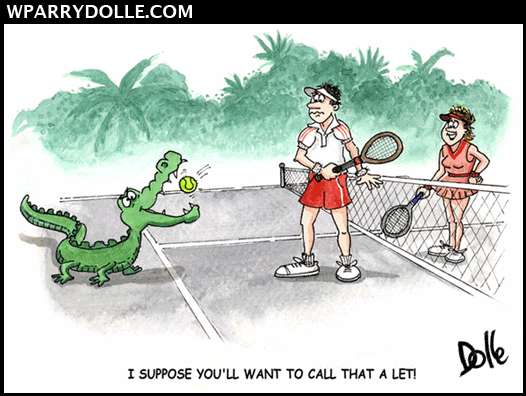 Couple playing tennis decides to LET THE ball, because an alligator wants it