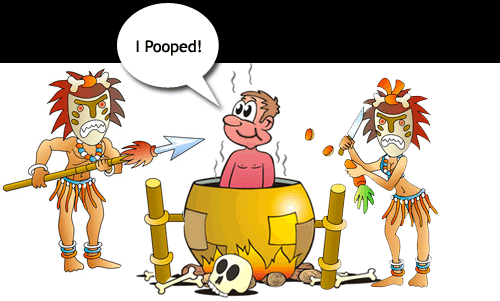 Man in cooking pot tells Cannibals he just pooped, a funny cartoon