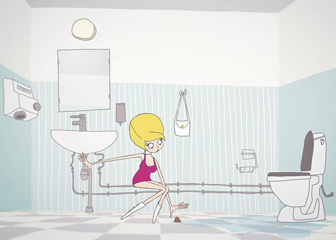 Cute cartoon of woman in bathroom about to pick up a poop.