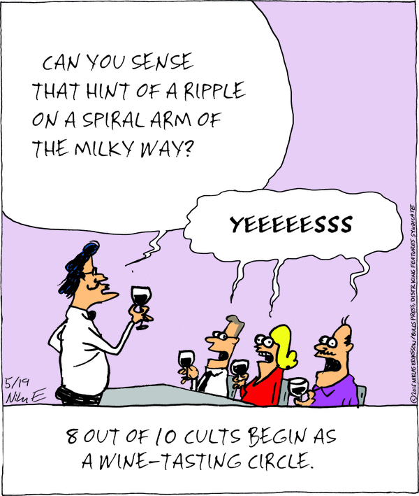 cute cartoon that says 8 out of 10 cults begin as a wine-tasting circle