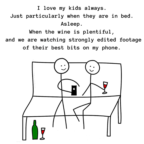 Funny cartoon of stick moms sharing photos of kids and drinking lots of wine.