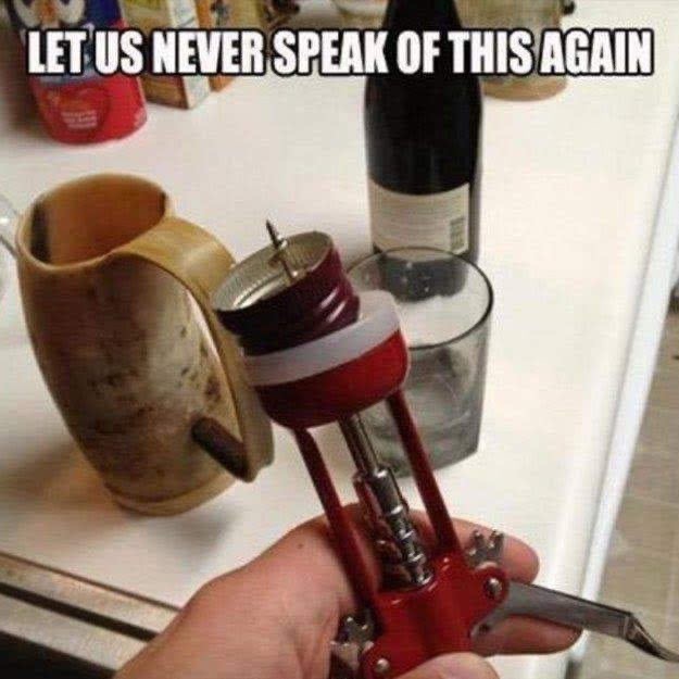 Someone accidentally uses the wine opener on a screw top wine bottle - funny!