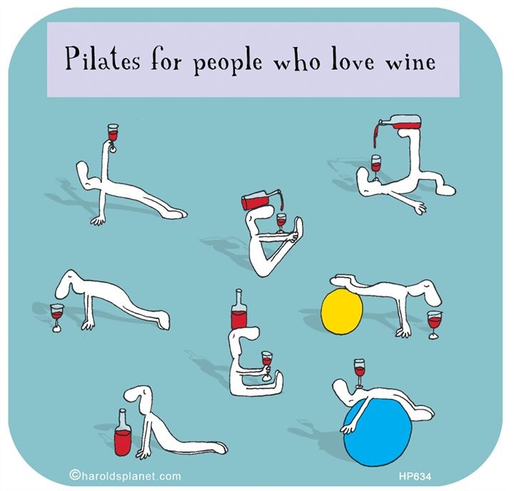 Funny pilates movements holding glass of wine