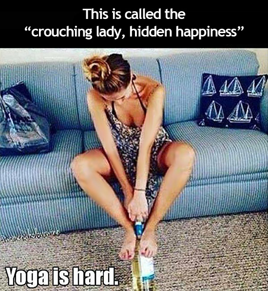 woman bending over, wine bottle being held by her feet, she's trying to open it, a new yoga position
