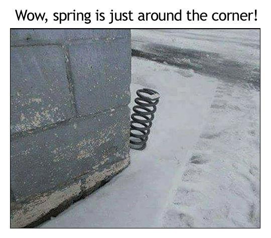 Funny photo of a large spring sitting behind a corner. The photo says Wow, spring is just around the corner!