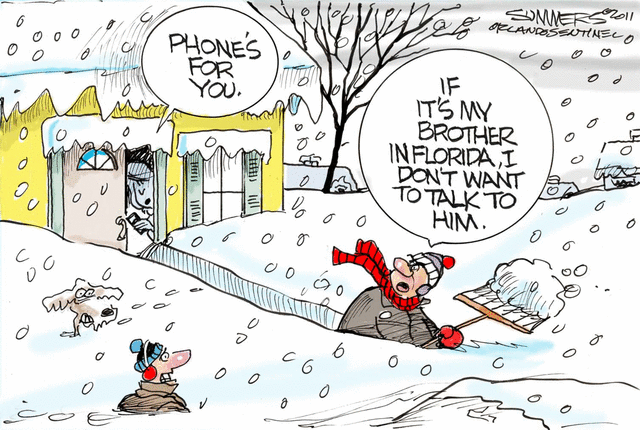 Man digging out of the snow when his relative calls from sunny Florida, a funny cartooon