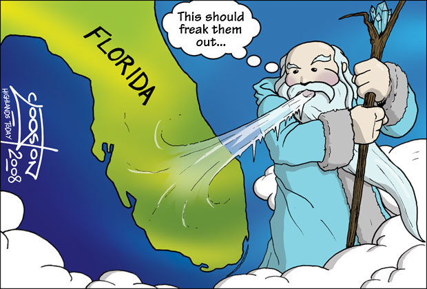A Florida winter. Old man winter blows cold air on Florida.