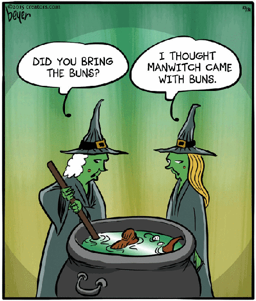 two witches stirring a man over a cauldron