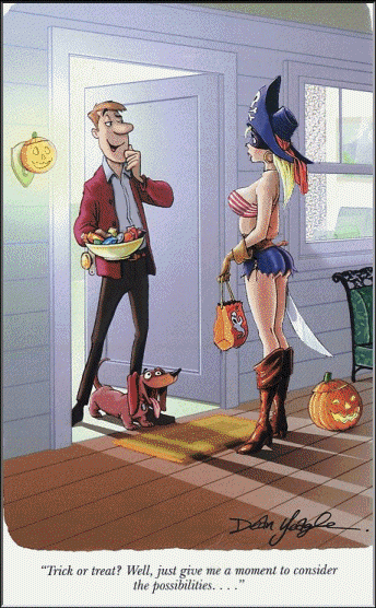 Man at door holding Halloween candy considers his choices, a beautiful woman is at the door.