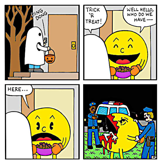 Funny Halloween cartoon about Pacman gobbling up people at his door. 