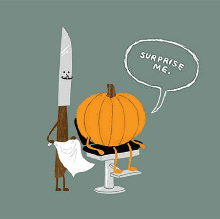 pumpking sitting in a barbor's chair telling a carving knife to surprise him