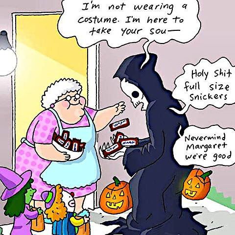Funny cartoon about the grim reapper on halloween