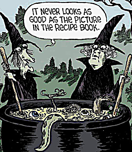 Funny cartoon about witches making a Halloween brew in a cauldron.