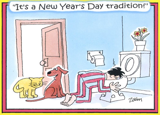 Dog tellling cat that their master who is tossing up in the toilet does this every New Years's, it's a tradition