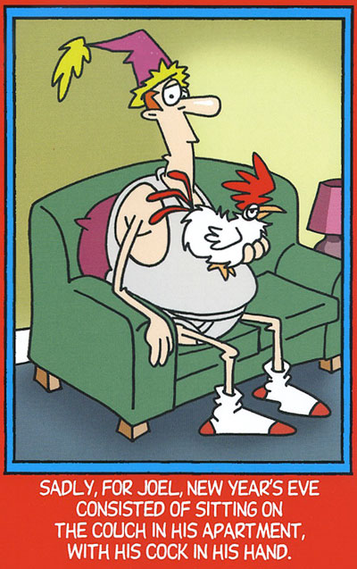 Man sitting on the couch holding a real live chicken, whom they call his cock. A funny cartoon.