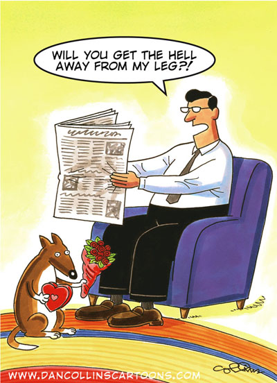 Dog brings Valentine's candy and flowers to an man who doesn't want him near his leg - a funny cartoon.