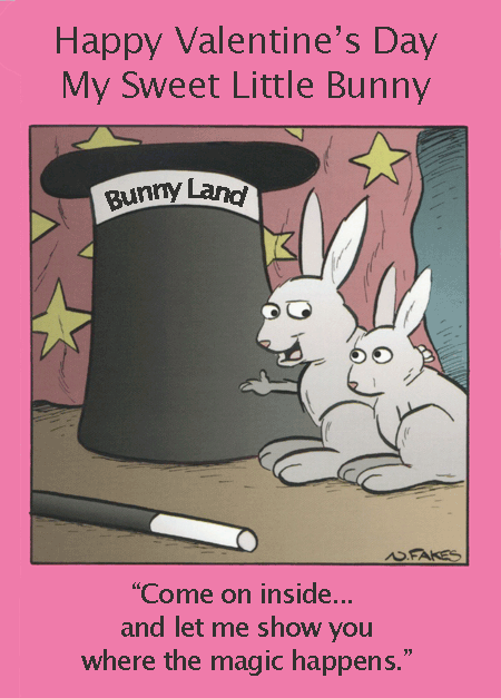 A bunny inviting another bunny into his magic hat, a funny cartoon