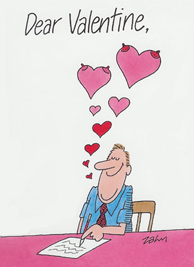 A man writing a valentine with his thoughts goin up i the air in the shape of hearts and a womans front, a funny cartoon