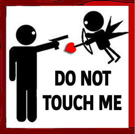 cartoon stick man pointing weapon at cupid and says, Do Not Touch Me. Cupid is about to shoot him with his arrow