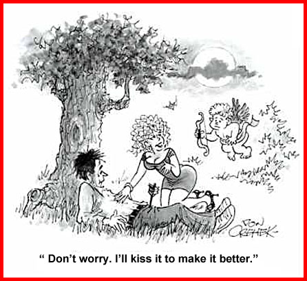 cupid shoots bow in man's pants, woman leaned over ready to fix it - a cute adult cartoon