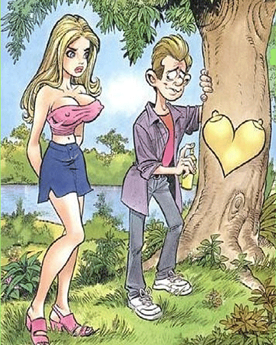 cartoon man draws a heart on a tree in the shape of his dates top, a funny cartoon