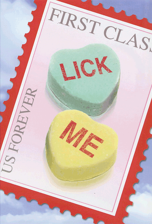 New postage stamp has to heart candies. One says lick, the other says me.