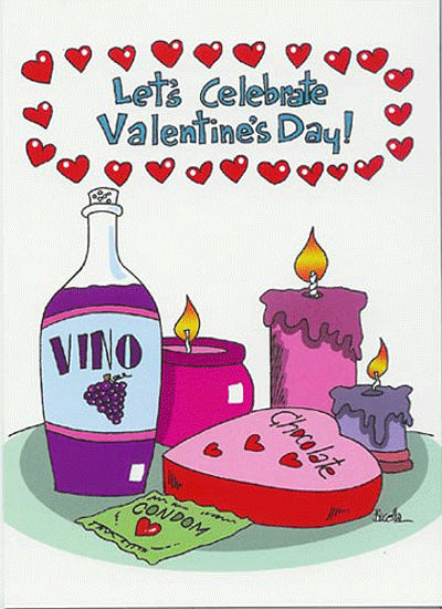 A cartoon with wine candels, chocolates, a funny cartoon